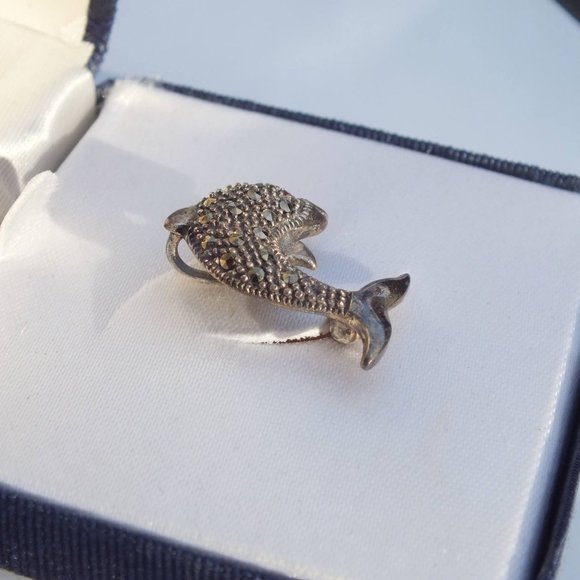 Sterling Silver Dolphin Brooch With Red Gem Eye and Storage Box, Silver Accents - Picture 4 of 7